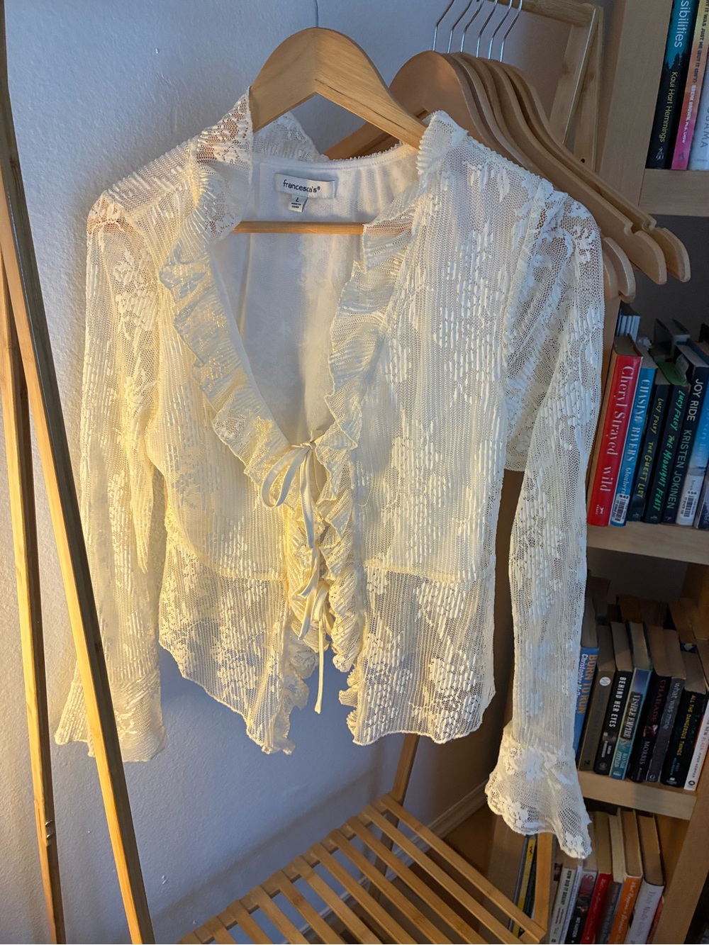 Francesca's Collections Cream Lace Ruffle Tie-Front Blouse